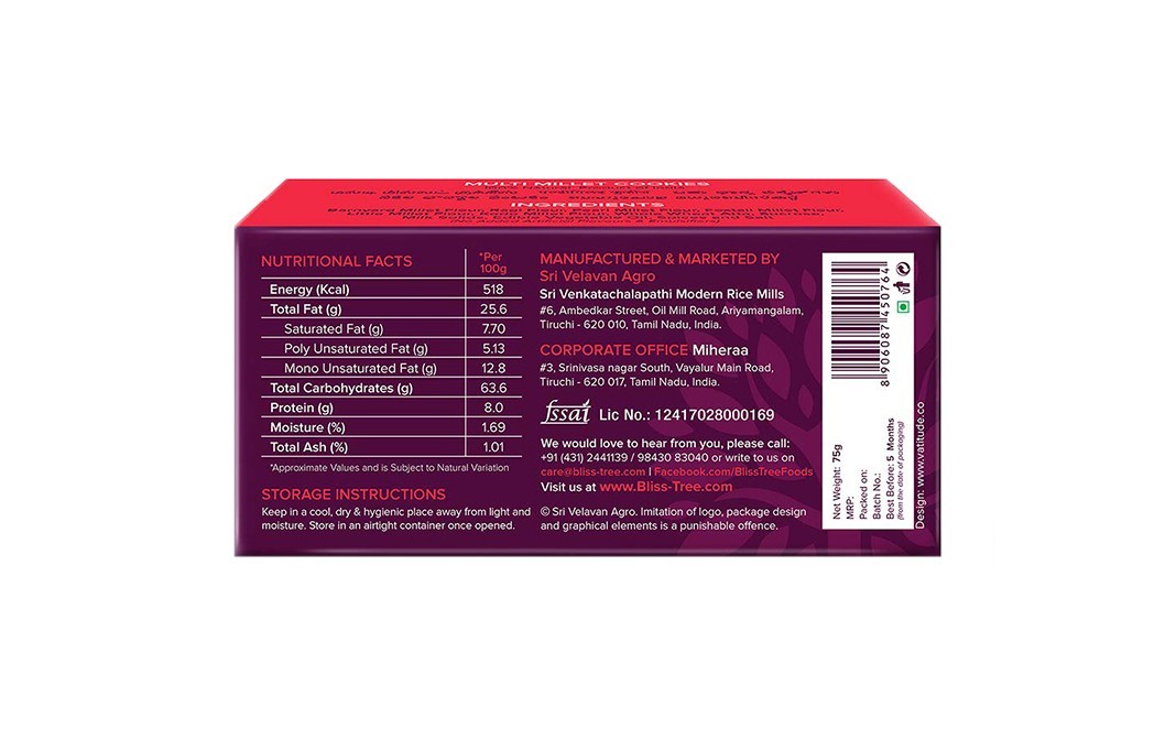 Bliss Tree Healthy Bites Multi Millet Cookies   Pack  75 grams